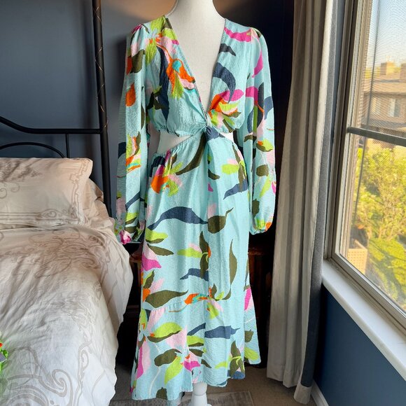 Gorgeous Sky Blue Multicolour Print Cutout Long Sleeved Dress - Picture 2 of 12